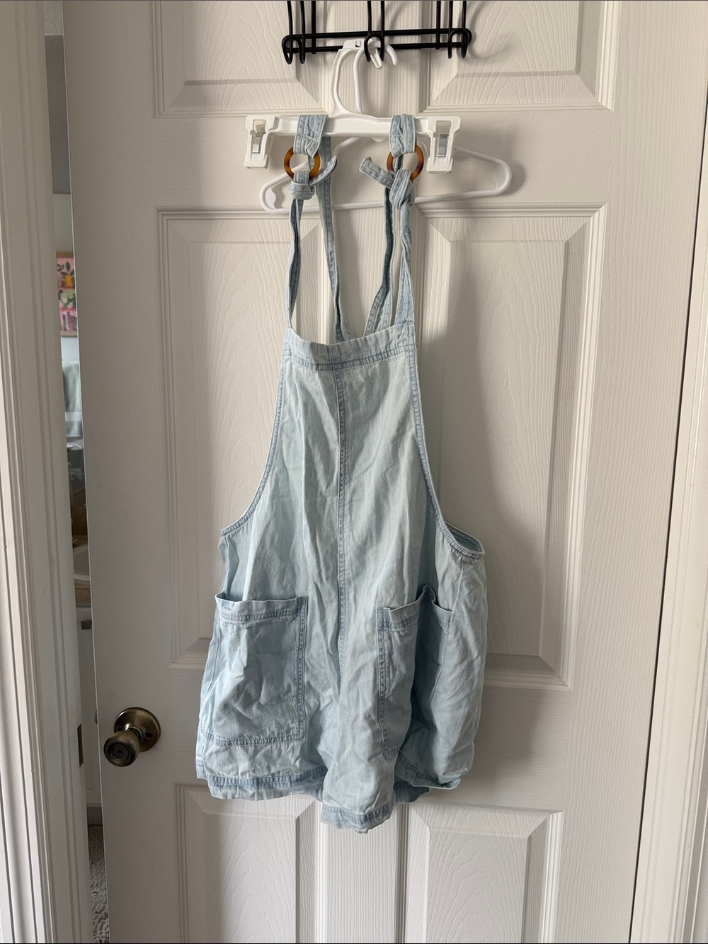 Light Wash Denim Overall Romper with Front Pockets